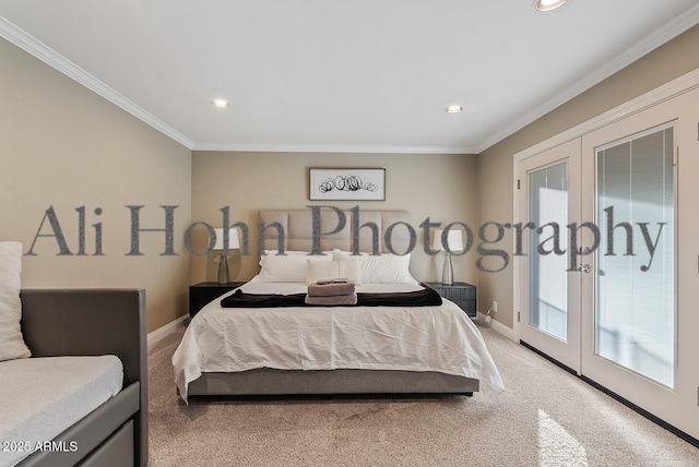 carpeted bedroom with access to exterior, ornamental molding, and french doors