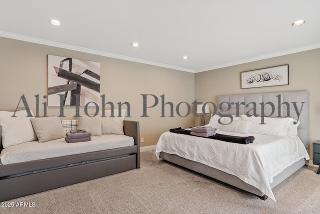 bedroom featuring crown molding and carpet flooring