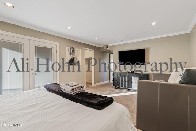 carpeted bedroom with crown molding, access to outside, and french doors