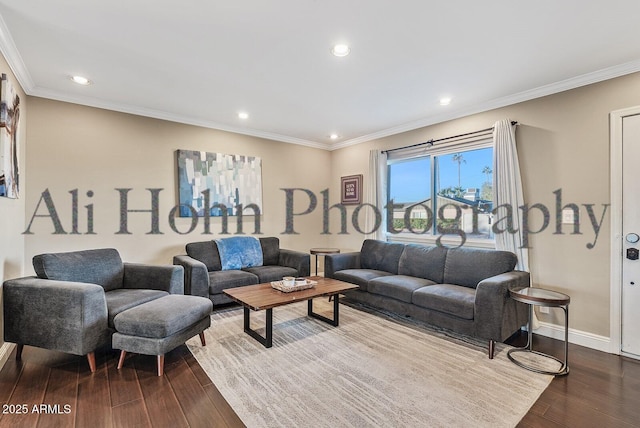 living room with ornamental molding and wood-type flooring