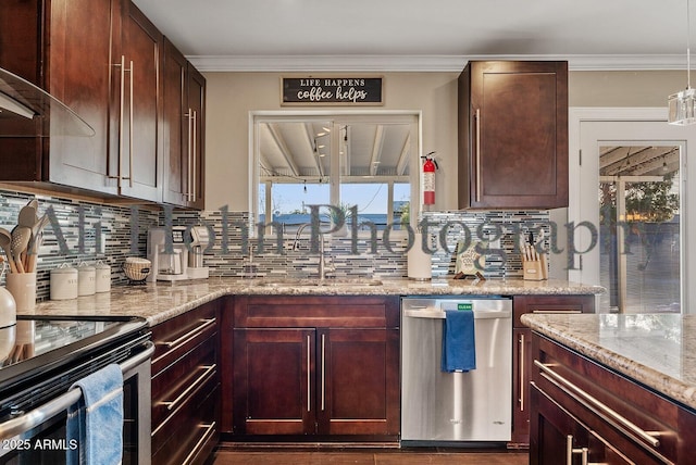 kitchen with sink, appliances with stainless steel finishes, light stone counters, ornamental molding, and decorative backsplash