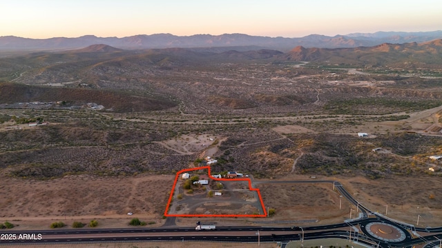2315 N US Highway 93, Wickenburg, AZ 85390 - aerial view at dusk of a mountain view, property parcel outlined, view of desert, and a view of countryside
