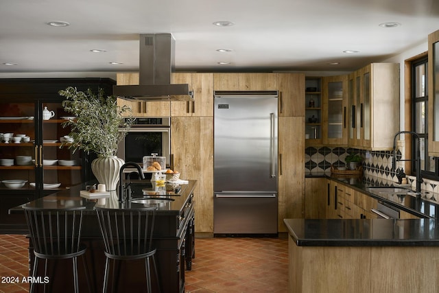 kitchen featuring tasteful backsplash, sink, stainless steel appliances, and island exhaust hood