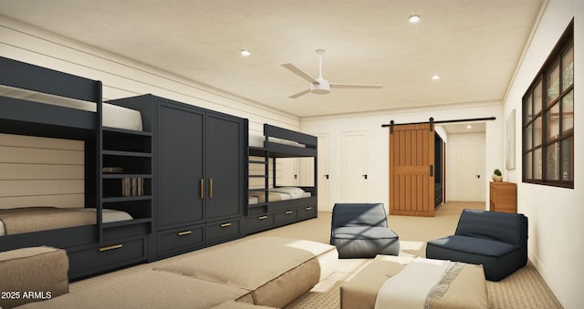 living area featuring a ceiling fan, recessed lighting, light carpet, and a barn door