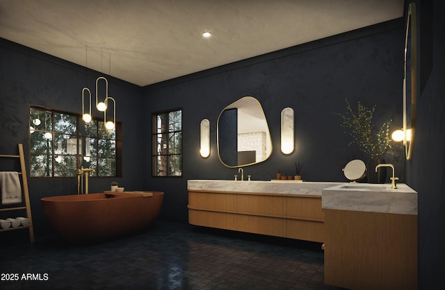 bathroom with ornamental molding, double vanity, a freestanding tub, and a sink