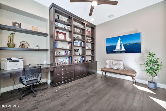 office with ceiling fan, built in features, and wood-type flooring