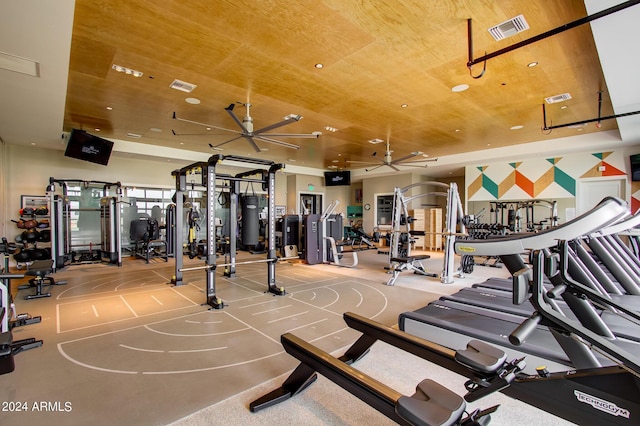 workout area with ceiling fan and wooden ceiling