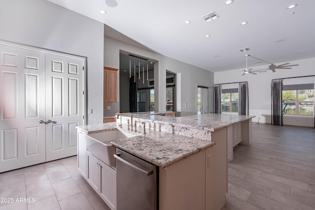 12770 N 145th Way, Scottsdale, AZ 85259 - kitchen with visible vents, a spacious island, ceiling fan, stainless steel dishwasher, and a sink