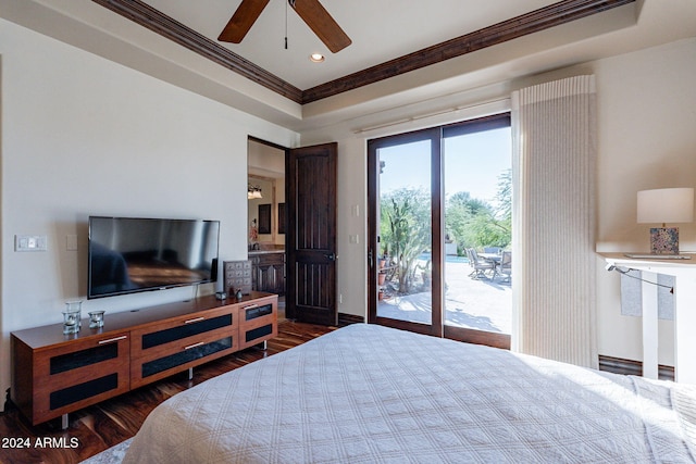 bedroom featuring access to exterior, ornamental molding, dark hardwood / wood-style floors, and ceiling fan