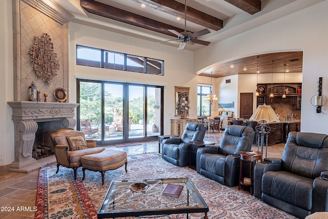 tiled living room featuring beamed ceiling, a towering ceiling, and ceiling fan