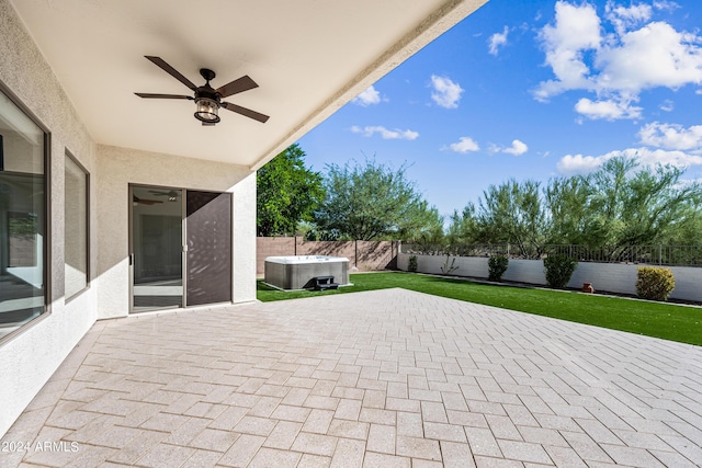 view of patio with ceiling fan and a fenced backyard