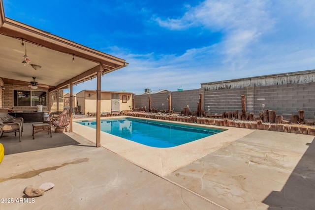 20053 N 15th Dr, Phoenix, AZ 85027 - view of pool with a patio, a fenced in pool, a fenced backyard, a ceiling fan, and an outbuilding