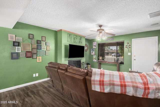 20053 N 15th Dr, Phoenix, AZ 85027 - living area featuring a textured ceiling, visible vents, baseboards, ceiling fan, and wood finished floors