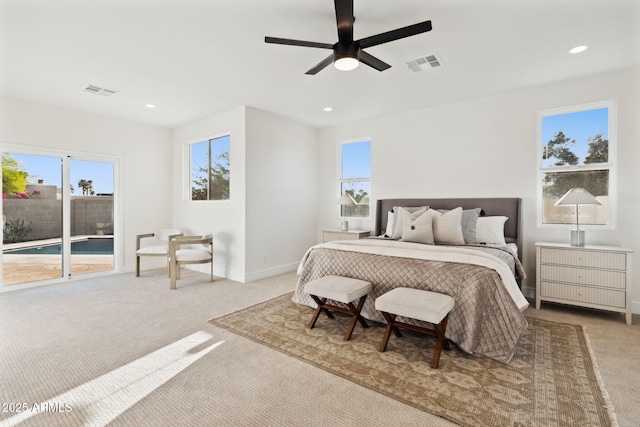 6761 E Juniper Ave, Scottsdale, AZ 85254 - bedroom featuring visible vents, baseboards, recessed lighting, access to outside, and light carpet