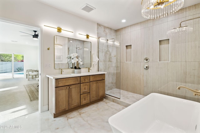 6761 E Juniper Ave, Scottsdale, AZ 85254 - bathroom with visible vents, walk in shower, a sink, a soaking tub, and double vanity