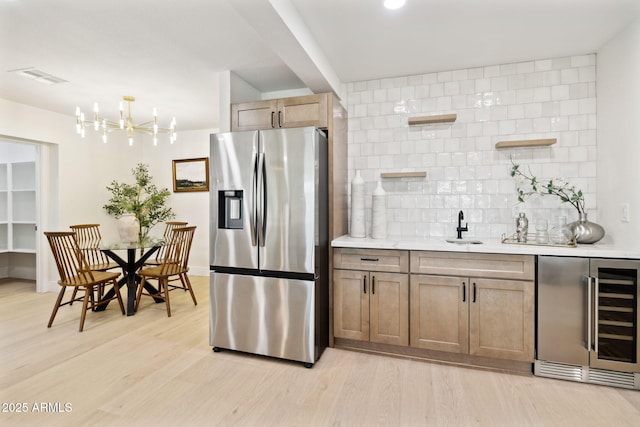 6761 E Juniper Ave, Scottsdale, AZ 85254 - kitchen with stainless steel fridge with ice dispenser, visible vents, open shelves, wine cooler, and decorative backsplash