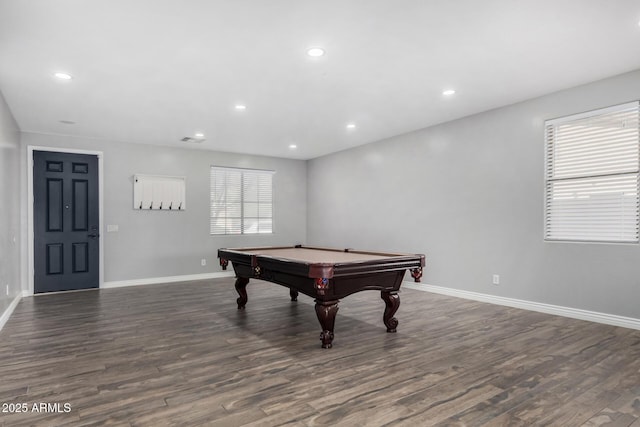 recreation room featuring dark hardwood / wood-style floors and pool table