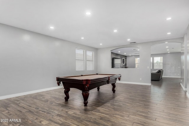 game room with hardwood / wood-style flooring and billiards