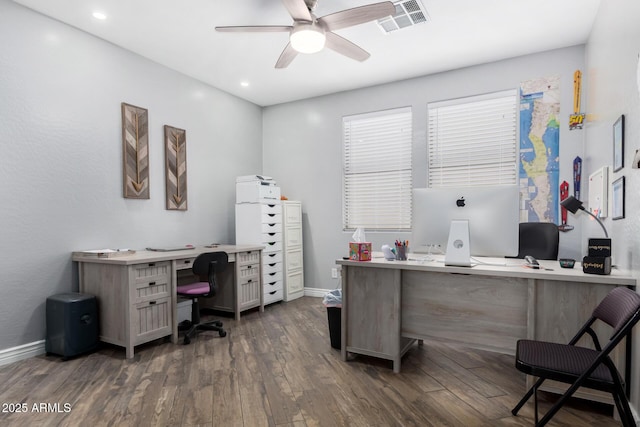 office featuring dark wood-type flooring and ceiling fan