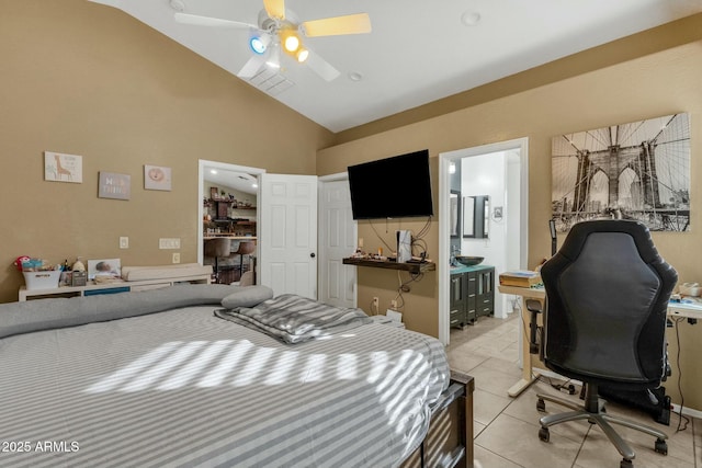 tiled bedroom featuring ceiling fan and vaulted ceiling