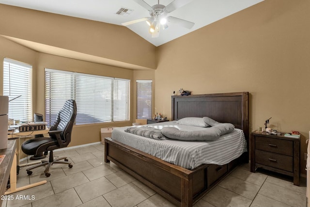 bedroom with light tile patterned flooring, lofted ceiling, and ceiling fan