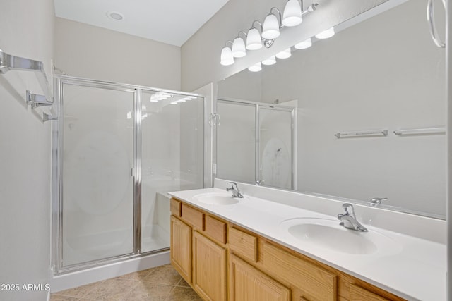 2861 E Morenci Rd, San Tan Valley, AZ 85143 - full bathroom featuring a shower stall, tile patterned floors, and double vanity