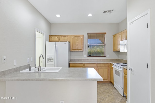 2861 E Morenci Rd, San Tan Valley, AZ 85143 - kitchen with white appliances, a peninsula, light brown cabinets, light countertops, and recessed lighting