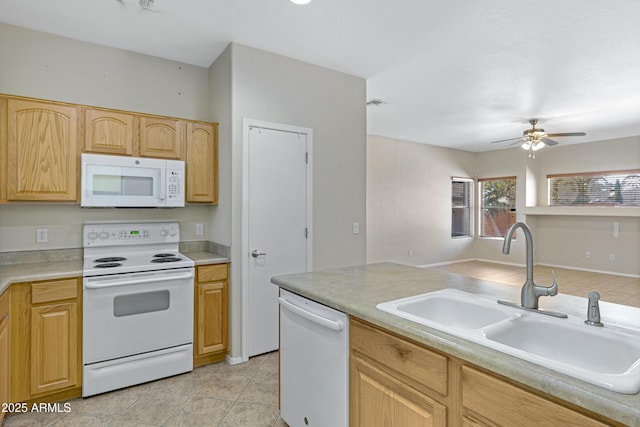 2861 E Morenci Rd, San Tan Valley, AZ 85143 - kitchen featuring white appliances, a ceiling fan, light tile patterned floors, light countertops, and light brown cabinets