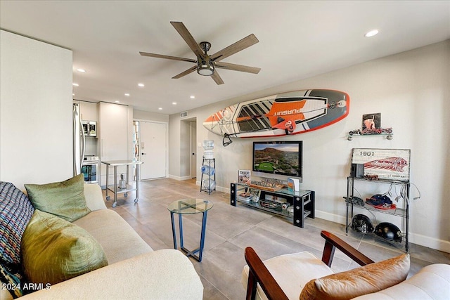 living room featuring ceiling fan