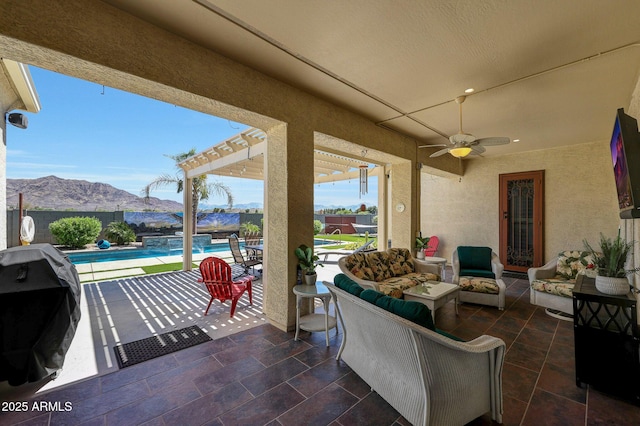 3125 W Desert Ln, Laveen, AZ 85339 - view of patio / terrace featuring a mountain view, an outdoor living space, ceiling fan, and a grill