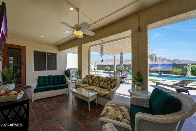 3125 W Desert Ln, Laveen, AZ 85339 - view of patio featuring an outdoor hangout area, a ceiling fan, and a mountain view