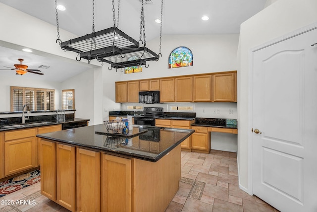 5529 E Holmes Ave, Mesa, AZ 85206 - kitchen with black appliances, a towering ceiling, a center island, light stone finish flooring, and healthy amount of natural light