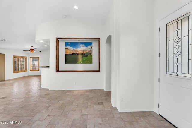 5529 E Holmes Ave, Mesa, AZ 85206 - entrance foyer with a ceiling fan, light stone finish flooring, and recessed lighting