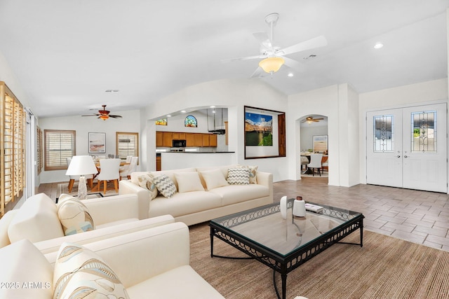 5529 E Holmes Ave, Mesa, AZ 85206 - living area with a ceiling fan, vaulted ceiling, recessed lighting, and french doors
