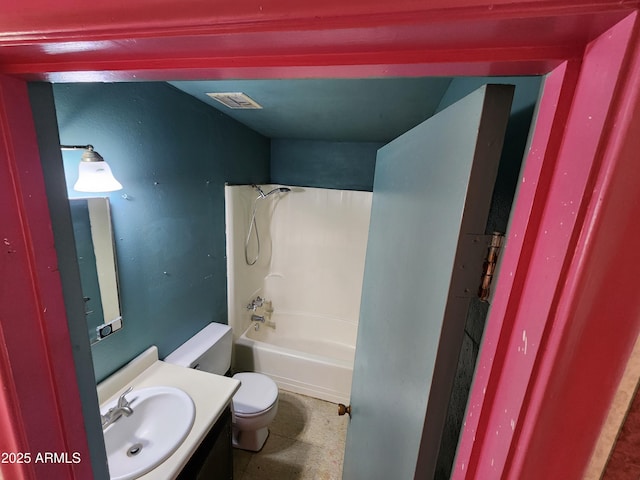 bathroom featuring tub / shower combination, visible vents, toilet, and vanity