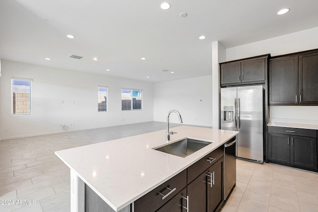 kitchen with plenty of natural light, a kitchen island with sink, appliances with stainless steel finishes, and sink