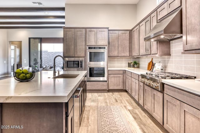 kitchen featuring visible vents, a sink, ventilation hood, appliances with stainless steel finishes, and decorative backsplash