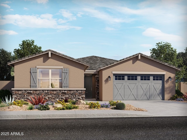 ranch-style home featuring a garage, concrete driveway, stone siding, and stucco siding