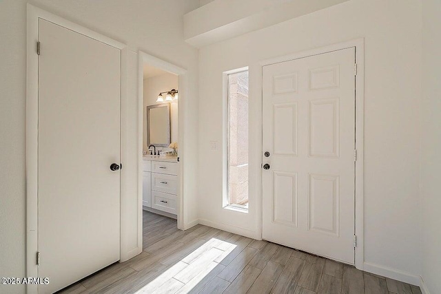 foyer featuring light wood-type flooring and sink