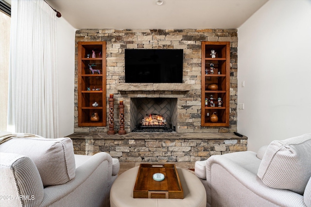 living area with a fireplace