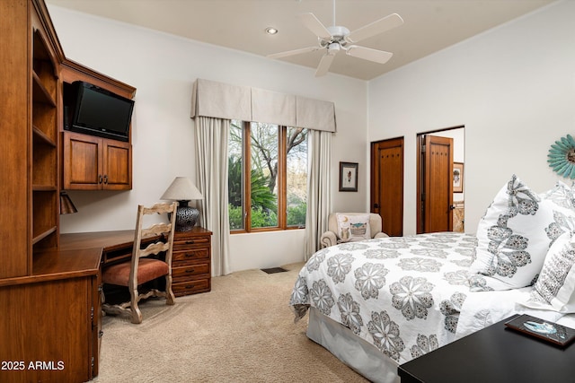 bedroom with ceiling fan, carpet, recessed lighting, and visible vents