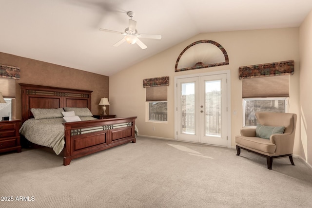 carpeted bedroom with ceiling fan, french doors, access to outside, and lofted ceiling