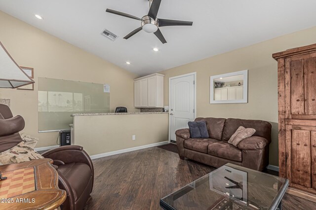 1121 W Mission Dr, Chandler, AZ 85224 - living area with a ceiling fan, wood finished floors, recessed lighting, lofted ceiling, and baseboards