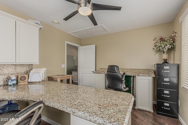 1121 W Mission Dr, Chandler, AZ 85224 - kitchen featuring ceiling fan, a peninsula, dark wood-type flooring, an office area, and light stone counters