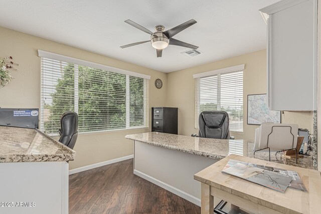 1121 W Mission Dr, Chandler, AZ 85224 - home office with plenty of natural light, baseboards, dark wood-style floors, and ceiling fan