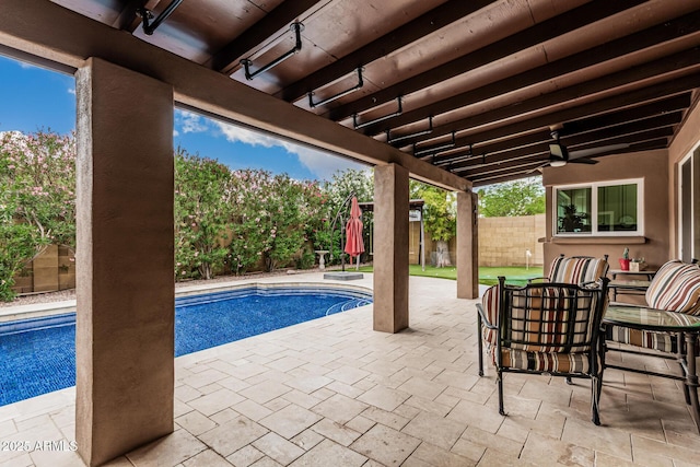 1121 W Mission Dr, Chandler, AZ 85224 - view of swimming pool with a ceiling fan, a fenced backyard, and a patio area