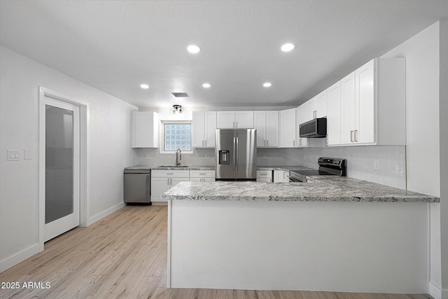 811 E Brown St, Phoenix, AZ 85020 - kitchen featuring stainless steel appliances, a peninsula, light wood-style flooring, decorative backsplash, and white cabinetry
