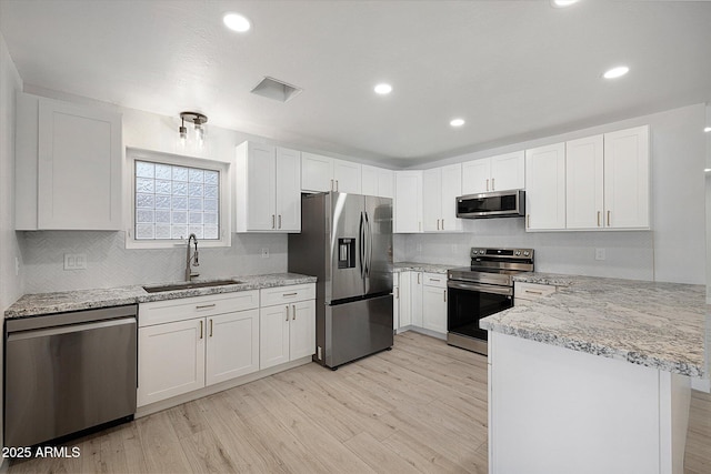 811 E Brown St, Phoenix, AZ 85020 - kitchen featuring appliances with stainless steel finishes, a peninsula, white cabinets, light wood-type flooring, and recessed lighting