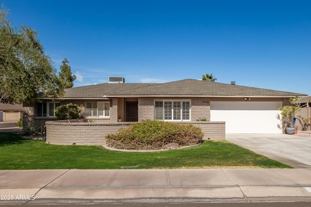 single story home with an attached garage, brick siding, driveway, roof with shingles, and a front lawn