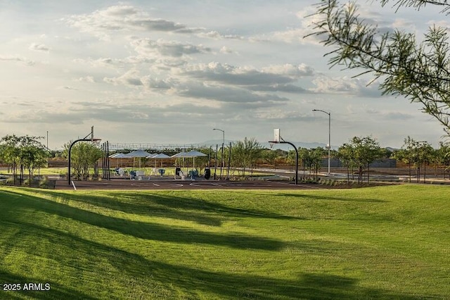 view of community featuring community basketball court and a lawn